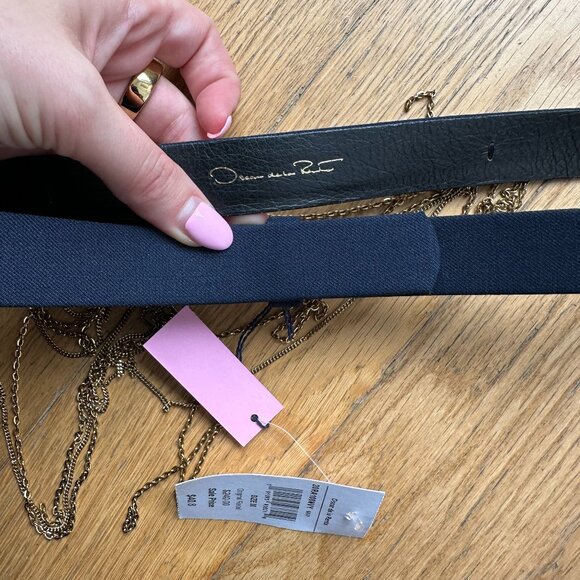 NWT Oscar De La Renta Navy Leather Belt With Gold-tone Chain Drape Accent - Picture 2 of 8